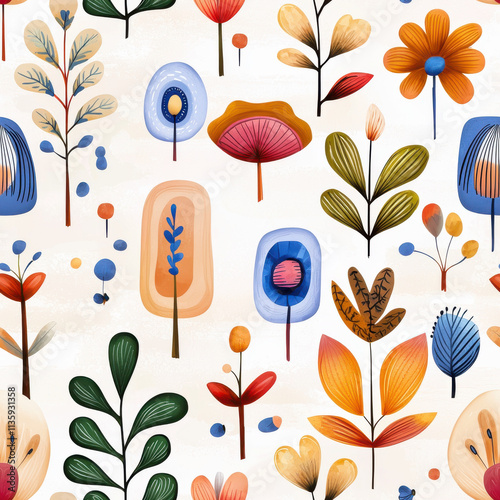 Colorful floral seamless pattern featuring various plants and flowers, showcasing vibrant colors and playful shapes. Perfect for textiles, wallpapers, and decorative designs