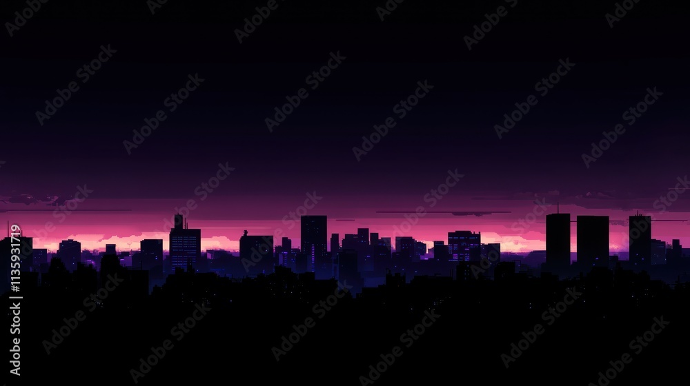 A cyberpunk city skyline at night with purple
