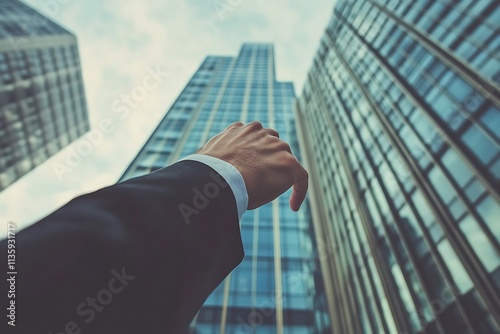 Businessman reaching for the sky, urban cityscape. Concept of ambition, success, and growth.