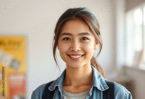 A half-length portrait of a young woman with a calm and serene expression.