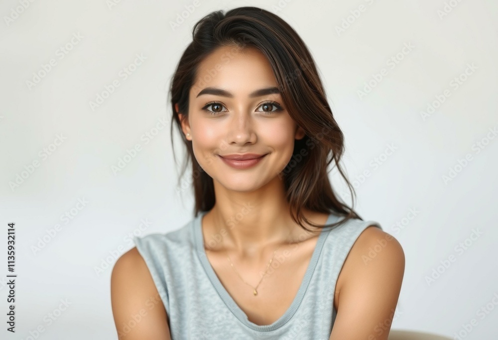 Highly detailed, realistic portrait of a young adult woman with a neutral expression Highly detailed, realistic portrait of a young adult woman with a neutral expression