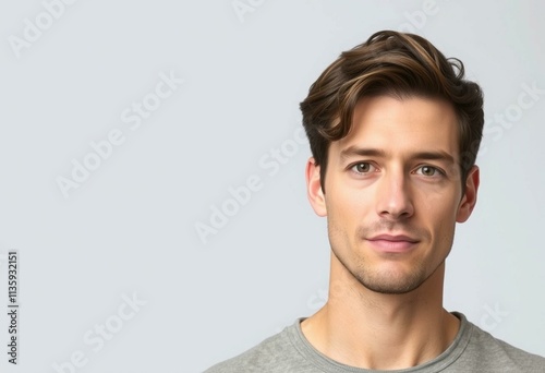 A calm and neutral half-length portrait of a 30-year-old male model