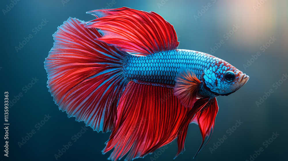 Blue Siamese Fighting Fish, Rosetail Halfmoon Aquarium Pet, Blue Red Betta Splendens in Fish Tank Closeup