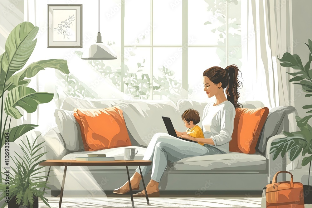 Freelance mom working at home with child in cozy living room during daylight Freelance mom working at home with child in cozy living room during daylight