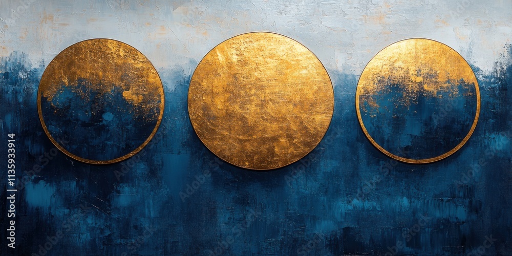 Abstract Gold Circles on Blue and White Canvas Abstract Gold Circles on Blue and White Canvas