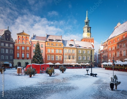 Generated image A wintery Old Market Square in Poznan with snow-covered rooftops and holiday decorations photo