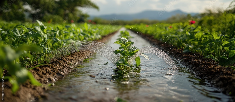 Water flows through a furrow in a farm field, irrigating rows of crops.