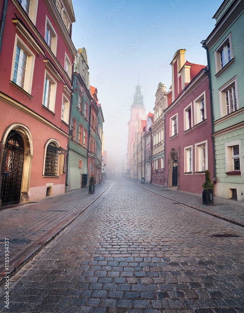 Fototapeta premium Generated image A foggy morning in Old Town in Poznan, with pastel-colored buildings and empty streets