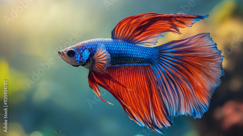 Blue Siamese Fighting Fish, Rosetail Halfmoon Aquarium Pet, Blue Red Betta Splendens in Fish Tank Closeup 