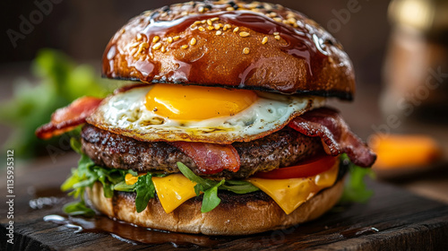 Delicious Breakfast Burger with Fried Egg, Avocado, and Melted Cheese