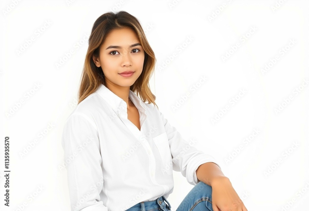 Half-length portrait of a 25-year-old female with a neutral expression Half-length portrait of a 25-year-old female with a neutral expression