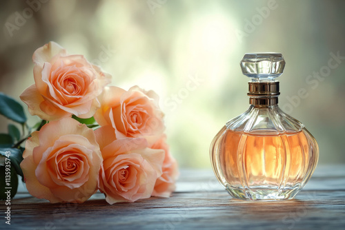 Bottle of perfume with beautiful roses on table