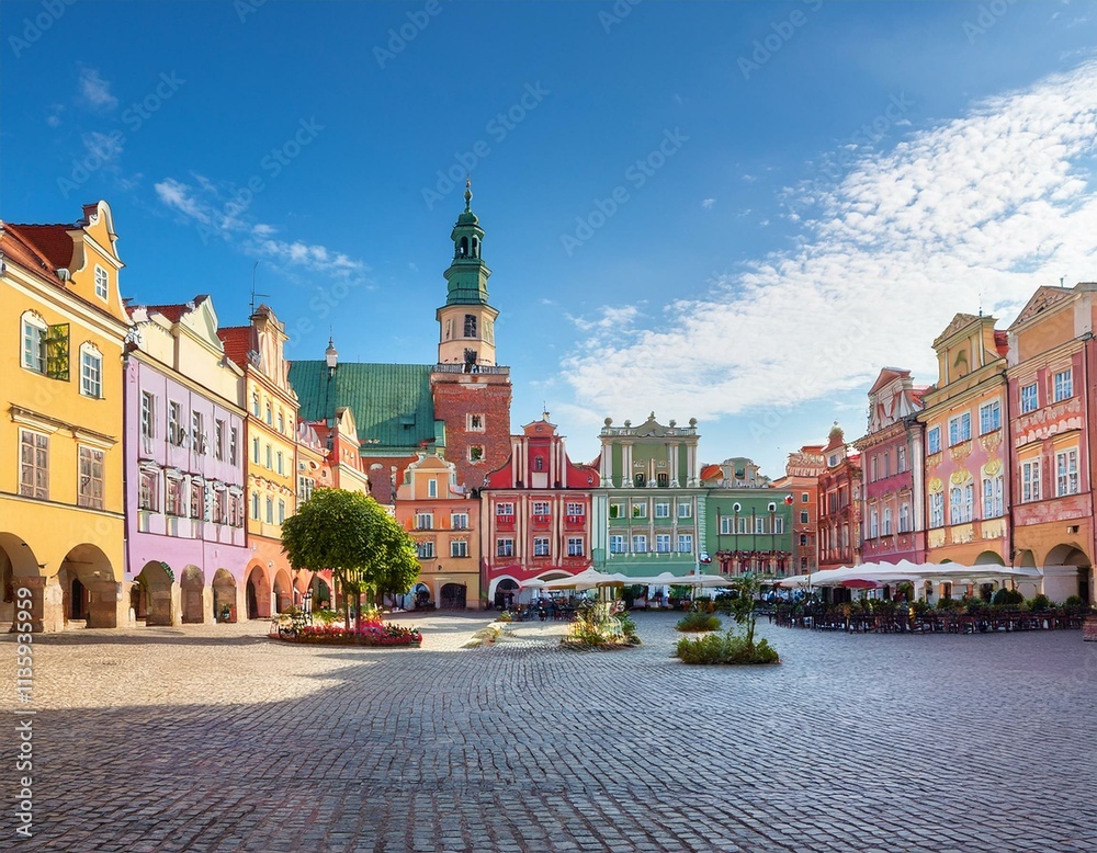 Fototapeta premium Generated image A picturesque view of Poznań’s Old Market Square with its colorful Renaissance-style townhouse