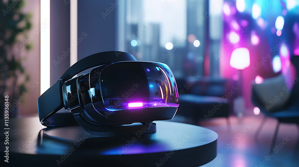 A virtual reality headset is on a table in a room A virtual reality headset is on a table in a room