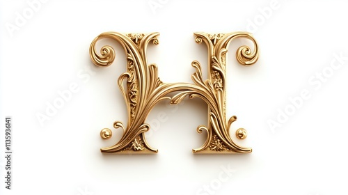 Ornate golden letter H, decorative, vintage style, isolated on white. photo