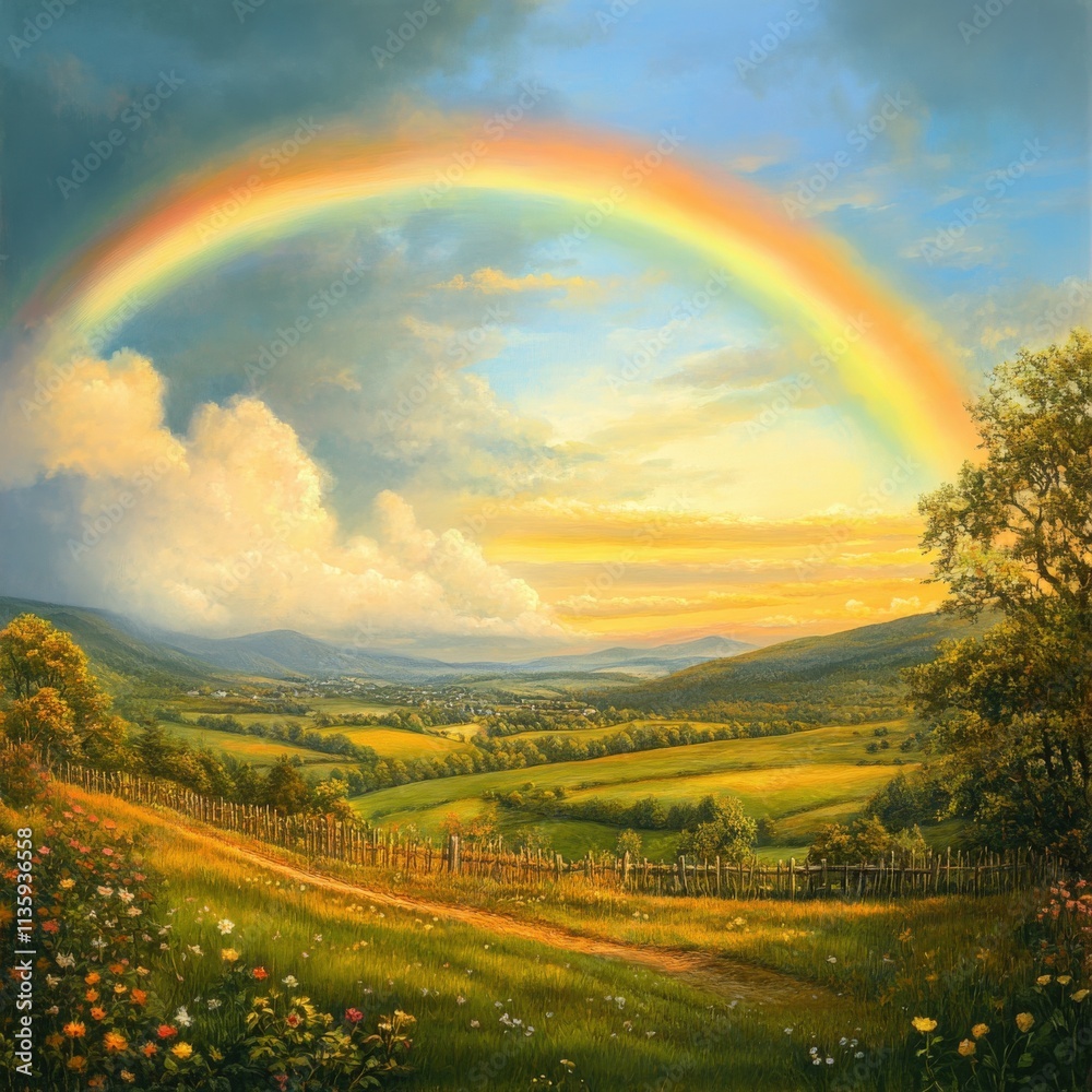 Fototapeta premium A vibrant rainbow arches over a serene countryside landscape