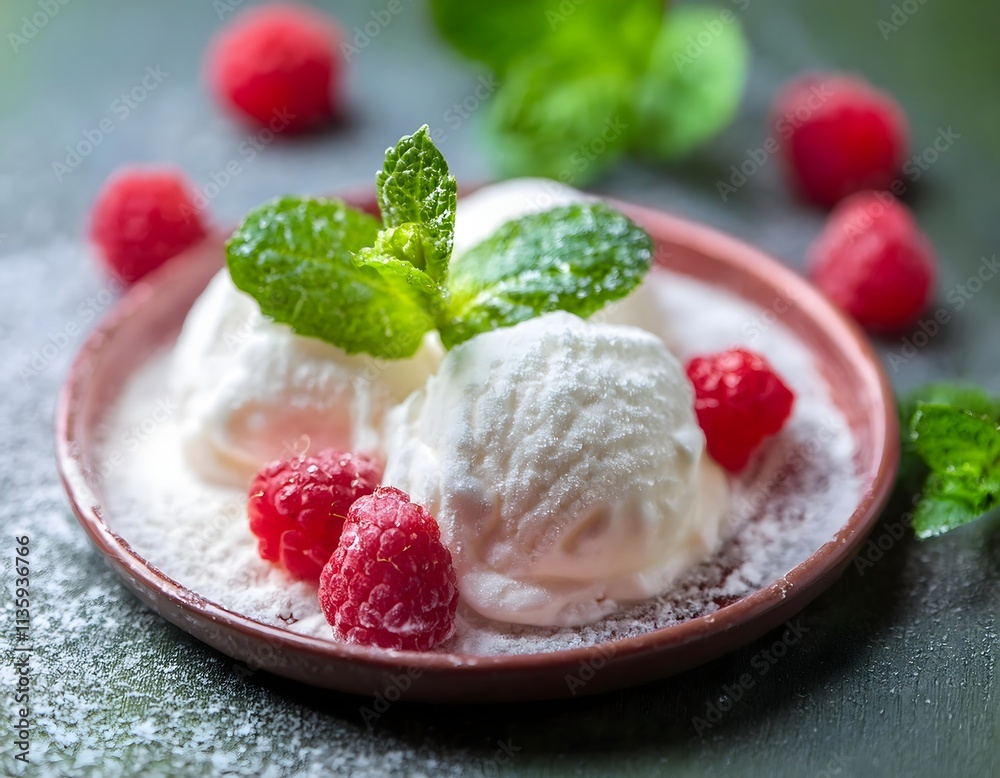 Vanilla Ice Cream with Raspberries and Mint on a Plate Vanilla Ice Cream with Raspberries and Mint on a Plate