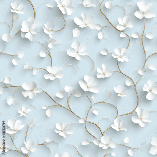 beautiful seamless pattern featuring delicate white flowers on soft blue background, creating serene and elegant atmosphere. Perfect for various design projects