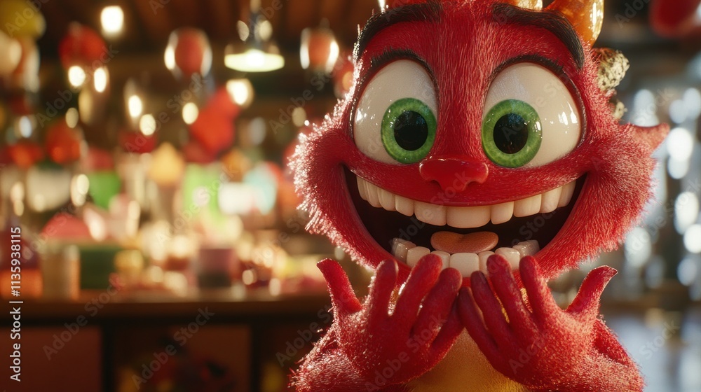 Happy red monster with big eyes and teeth in a candy shop. Happy red monster with big eyes and teeth in a candy shop.