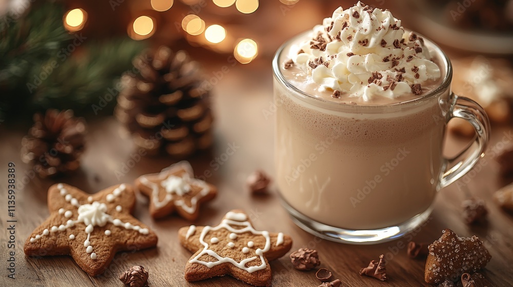a warm creamy white chocolate latte on a christmas background a warm creamy white chocolate latte on a christmas background