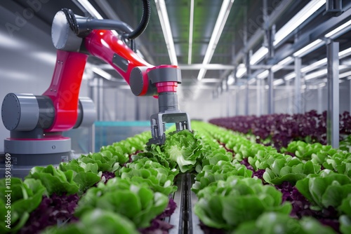 a robotic arm harvesting lettuce in a controlled environment.  photo