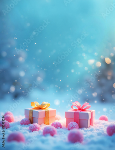 pink christmas gift boxes in the snow on light blue background
