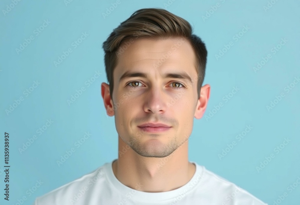 A calm, neutral facial expression on a 25-year-old male model.