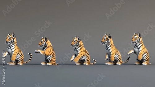 Five adorable cartoon tiger cubs in playful poses against a neutral grey background. photo