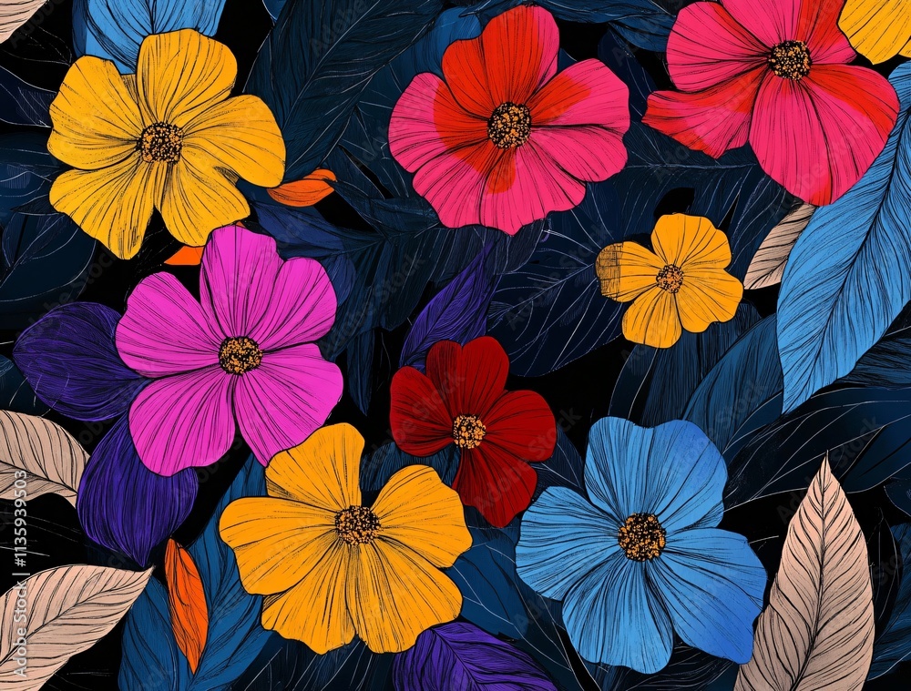 Obraz premium Vibrant Tropical Flowers AI Art- Bold Colorful Floral Pattern