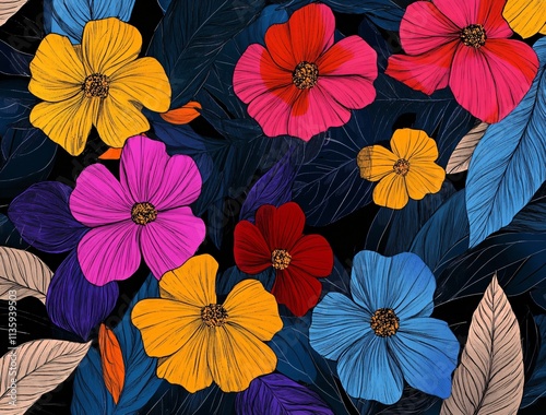 Vibrant Tropical Flowers AI Art- Bold Colorful Floral Pattern photo