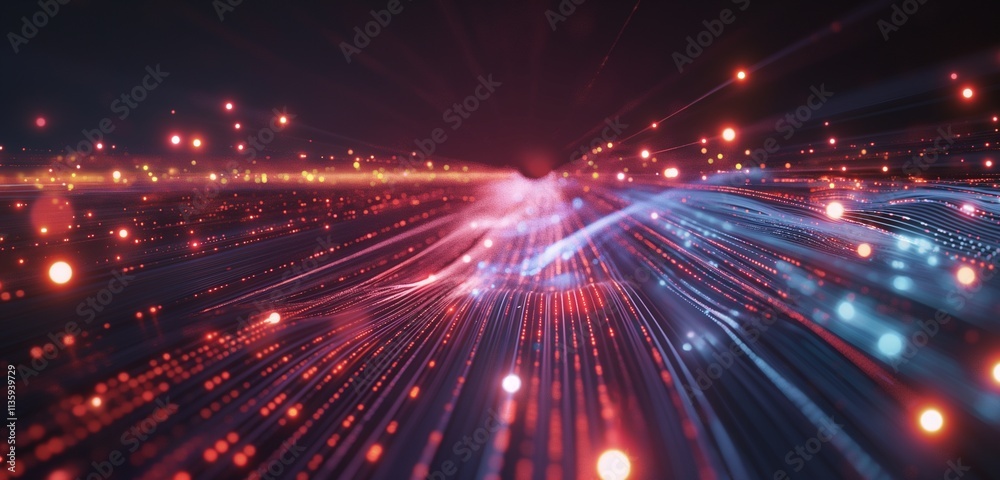 Obraz premium A visual representation of data packets traveling through a network, depicted as bright pulses of light moving along defined paths on a dark background.