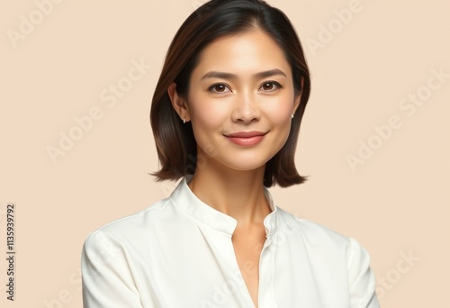 Realistic half-length portrait of a 30-year-old female with a neutral expression photo