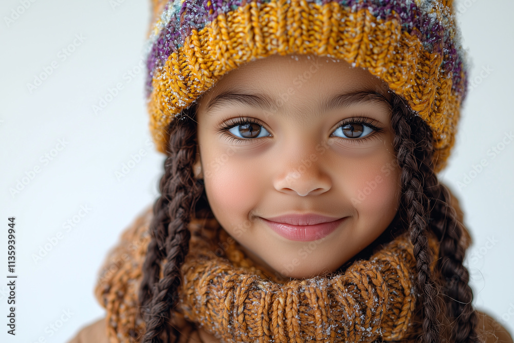 portrait of a smiling little african girl with braids and a winter hat colored with violets and yellow on white background portrait of a smiling little african girl with braids and a winter hat colored with violets and yellow on white background
