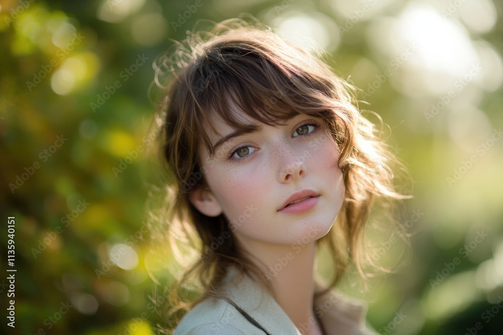 portrait of a young woman with natural makeup in a sunlit outdoor setting portrait of a young woman with natural makeup in a sunlit outdoor setting