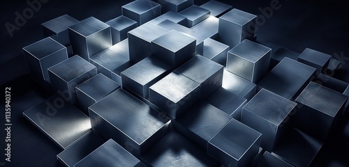 An abstract arrangement of monochromatic geometric blocks, creating a complex pattern on a dark background, illuminated by soft, directional light.