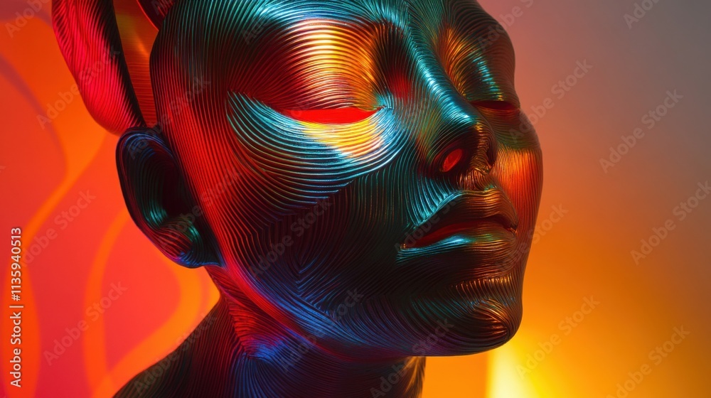 abstract futuristic face sculpture with red, orange, and blue lighting abstract futuristic face sculpture with red, orange, and blue lighting