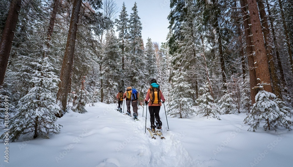 Winter Snowshoeing Group in Serene Forest: A Tranquil Scene