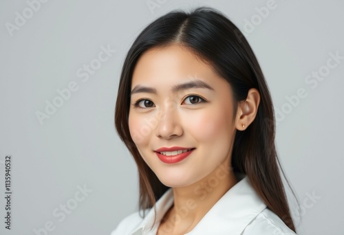 Half-length portrait of a young woman with a neutral expression