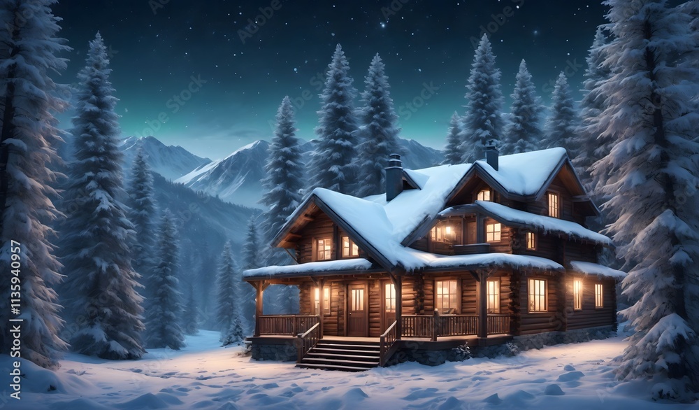 Naklejka premium Cozy Winter Log Cabin in Snowy Mountains at Night