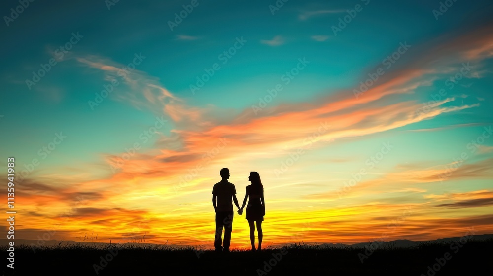 A couple standing together, holding hands and looking up at the sky as the sun sets. A couple standing together, holding hands and looking up at the sky as the sun sets.