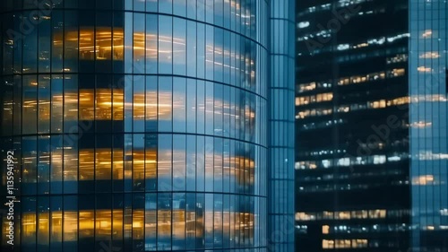  blinking office windows lights, high-rise glass skyscraper business building in city downtown, work non-stop, turn on and off, endless work without breaks