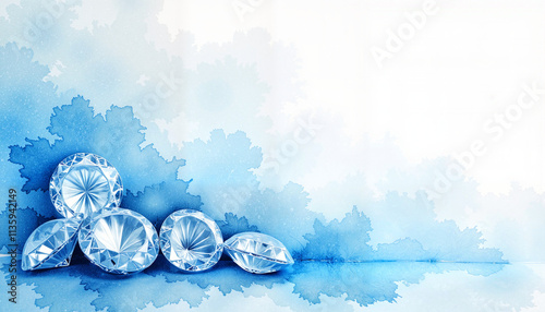 Elegant illustration of sparkling diamonds on a blue watercolor background with copy space.