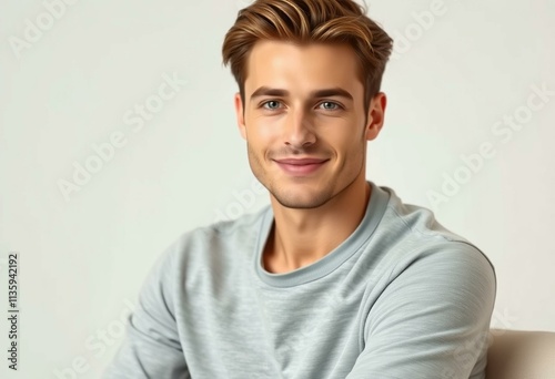 Half-length portrait of a 25-year-old male model with a calm and neutral facial expression