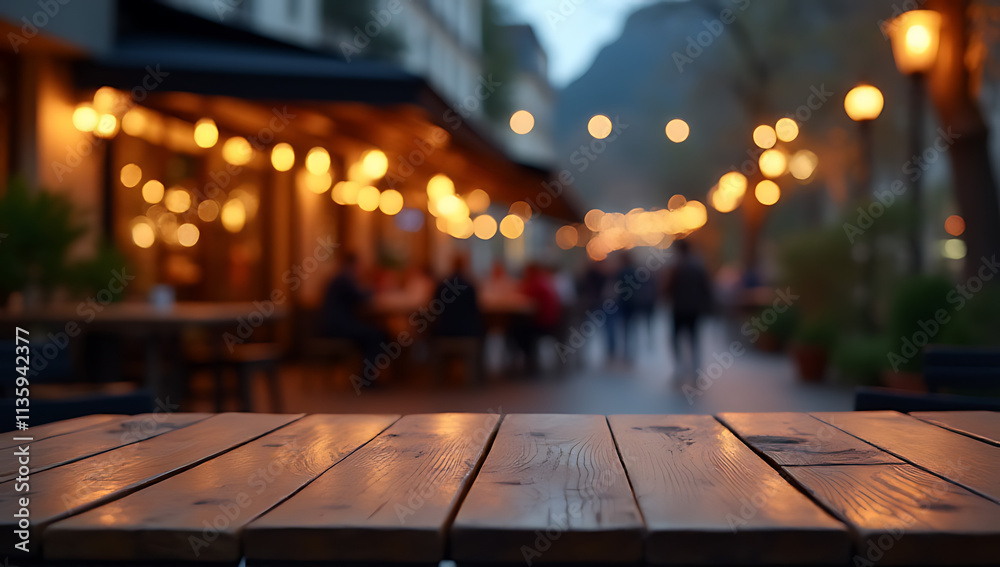 Wooden tabletop set against a blurred nighttime background of a bustling café bar scene at dusk outside._00010_ Wooden tabletop set against a blurred nighttime background of a bustling café bar scene at dusk outside._00010_