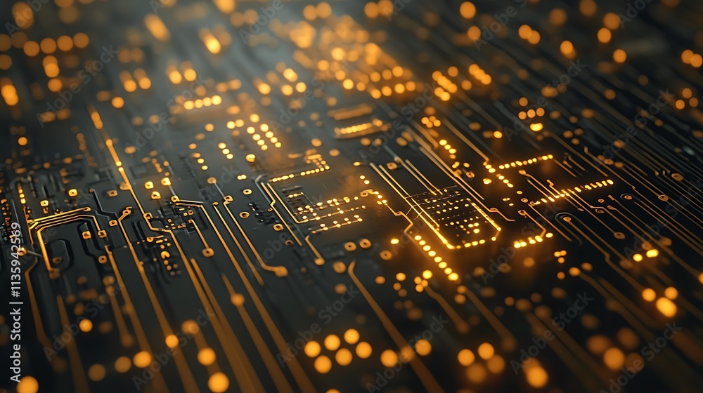 Close-up of a glowing illuminated circuit board with intricate lines and points of light.