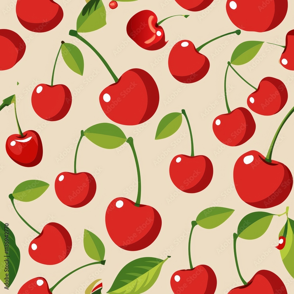Vibrant cherry pattern on beige background with green leaves Vibrant cherry pattern on beige background with green leaves