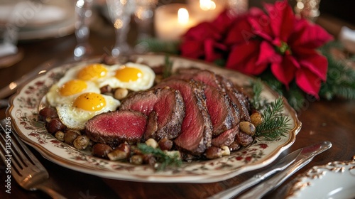 Savory sirloin and overeasy eggs breakfast festive table setting gourmet dish cozy home close-up culinary delight photo