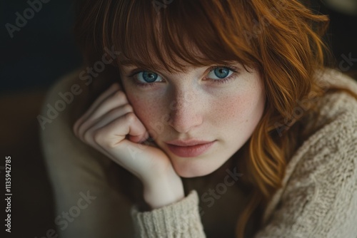 close up of a woman with red hair resting her chin on her hand