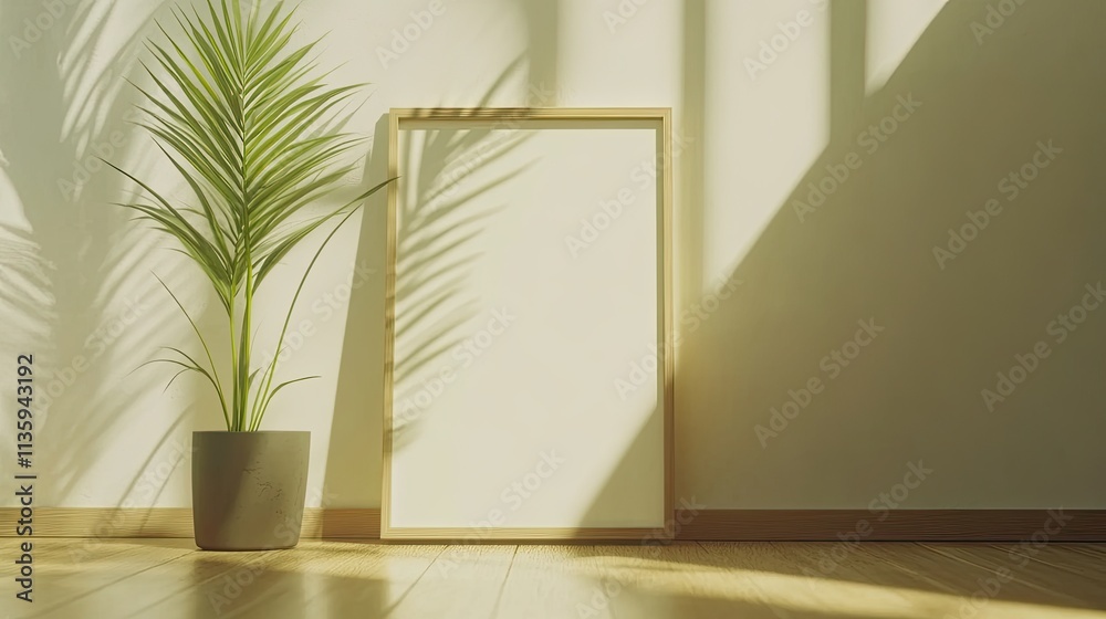 Fototapeta premium Light illuminates a blank frame and plant