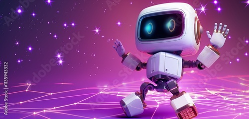 An adorable 3D robot with a boxy body and flexible joints, waving happily on a purple background with digital stars.